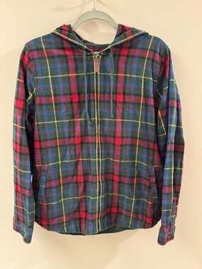 Vintage LL Bean Jacket Womens Medium Blue Red Plaid Hoodie Full Zip Jacket